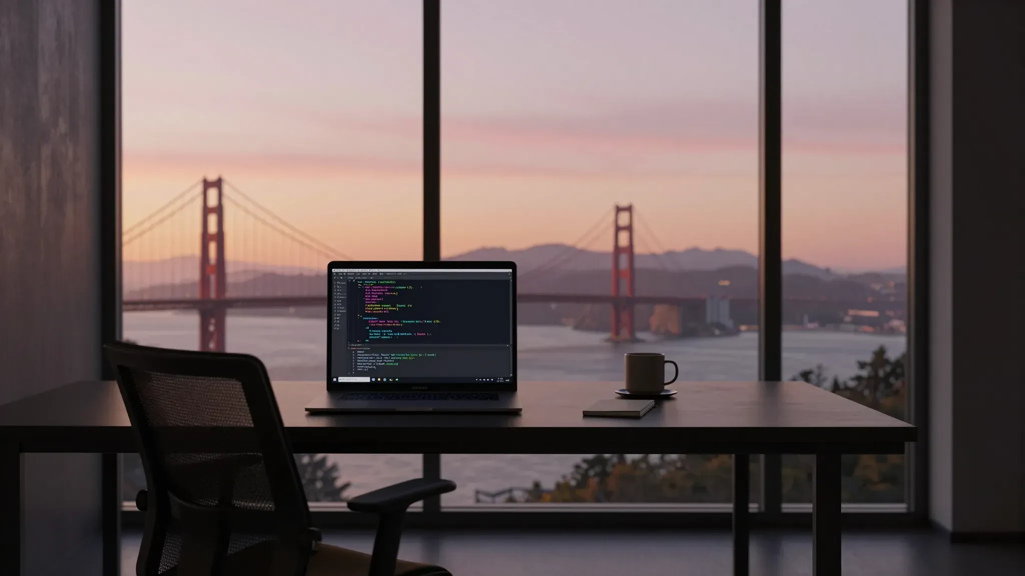 A desk facing the Golden Gate Bridge at dusk, a MacBook Pro open on it